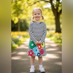 Girls Hooded Dress – Size 7 – Black & White Stripes with Floral Appliqué